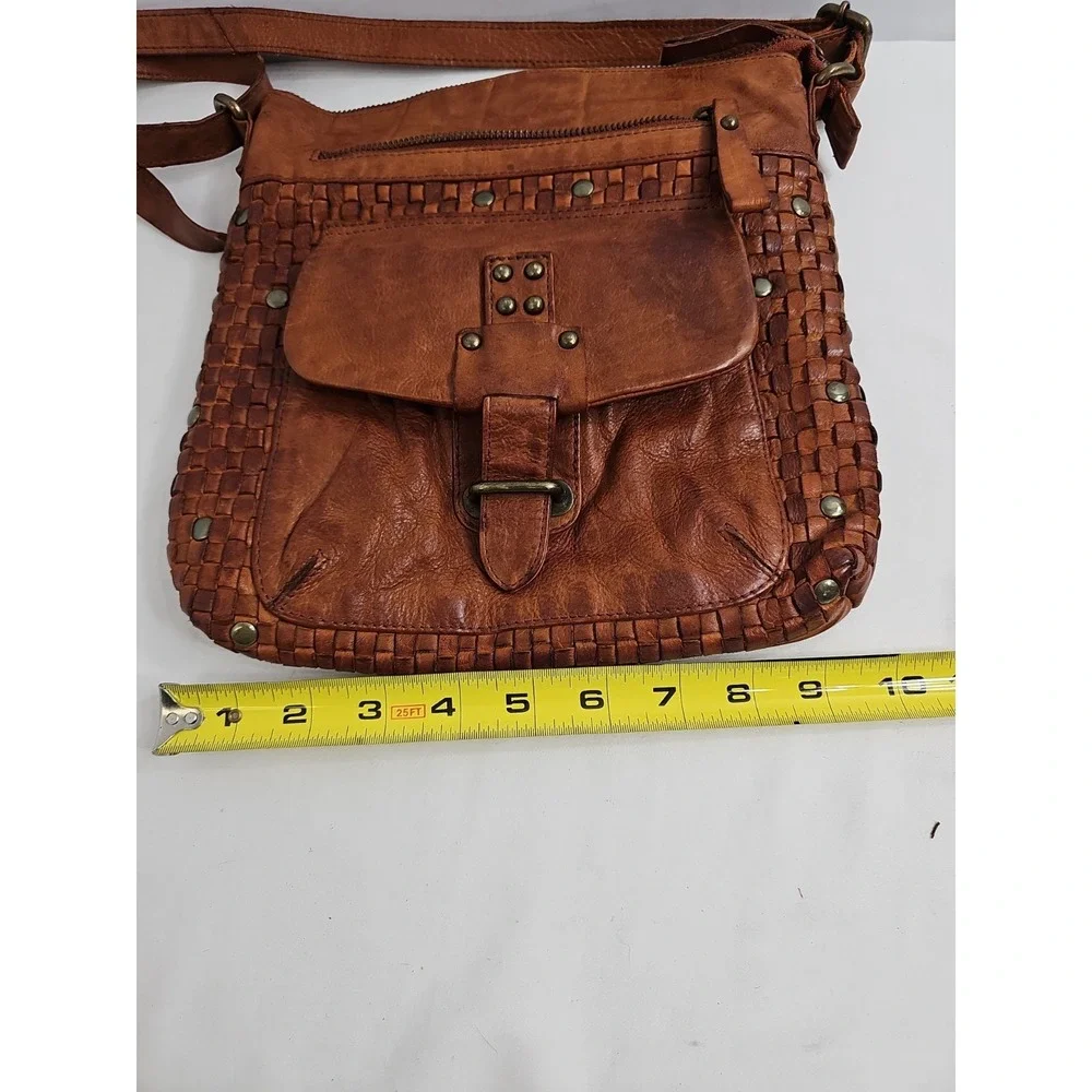 Harbour 2nd Tuula Woven Distressed Leather Crossbody Bag Purse Brown Cognac